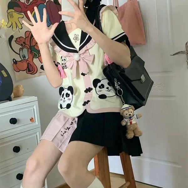 [BUNJANG] Panda Sailor Uniform Set - Beige JK Top & Pleated Skirt / 판다 세라복 베이지 JK 상의+플리츠 치마 세트