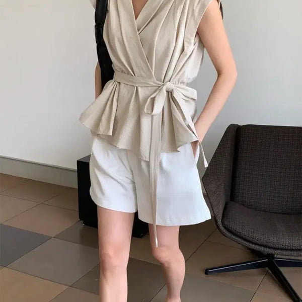 [BUNJANG] Two-Way Cap Sleeve Ribbon Wrap Blouse / 투웨이 캡소매 리본 랩 블라우스