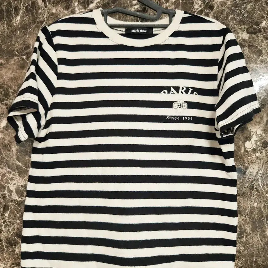 [BUNJANG] Marie Claire Striped Short Sleeve T-Shirt Black / 마리끌레르 스트라이프 반팔 티셔츠 블랙