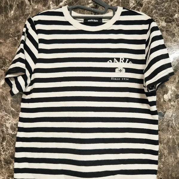 [BUNJANG] Marie Claire Striped Short Sleeve T-Shirt Black / 마리끌레르 스트라이프 반팔 티셔츠 블랙