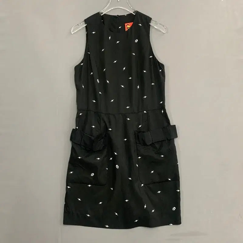 [BUNJANG] Lucky Chouette Lightning Pattern Black Ribbon Pocket Dress / 38 럭키슈에뜨 번개 패턴 블랙 리본 포켓 드레스 원피스