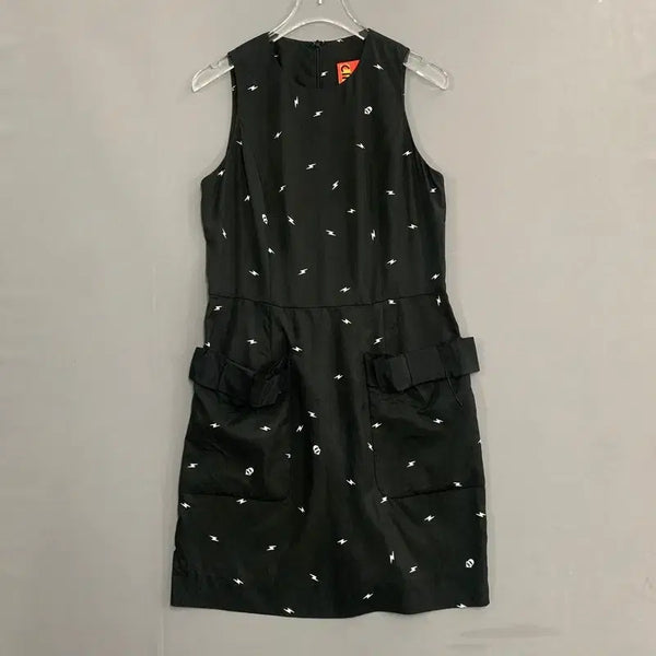 [BUNJANG] Lucky Chouette Lightning Pattern Black Ribbon Pocket Dress / 38 럭키슈에뜨 번개 패턴 블랙 리본 포켓 드레스 원피스