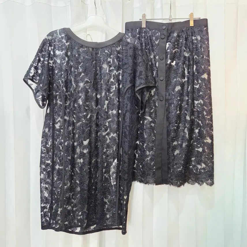 [BUNJANG] Lucky Chouette Rayon Blend Lace Short Sleeve Dress & Skirt Set / L 럭키슈에뜨 레이온 혼방 레이스 반팔 원피스 스커트 세트C477