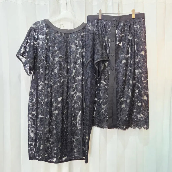 [BUNJANG] Lucky Chouette Rayon Blend Lace Short Sleeve Dress & Skirt Set / L 럭키슈에뜨 레이온 혼방 레이스 반팔 원피스 스커트 세트C477