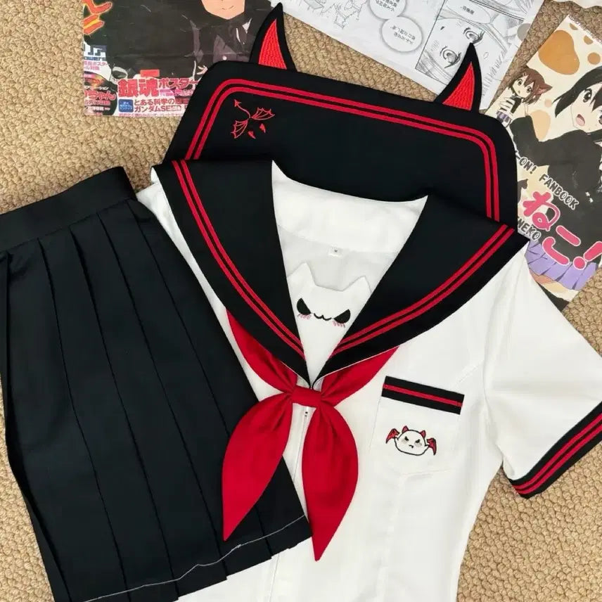 [BUNJANG] Devil Basic JK Academy Uniform Shirt + Ribbon + Skirt Set / 데빌 세라복 베이직 JK 학원복 셔츠+리본+치마 세트