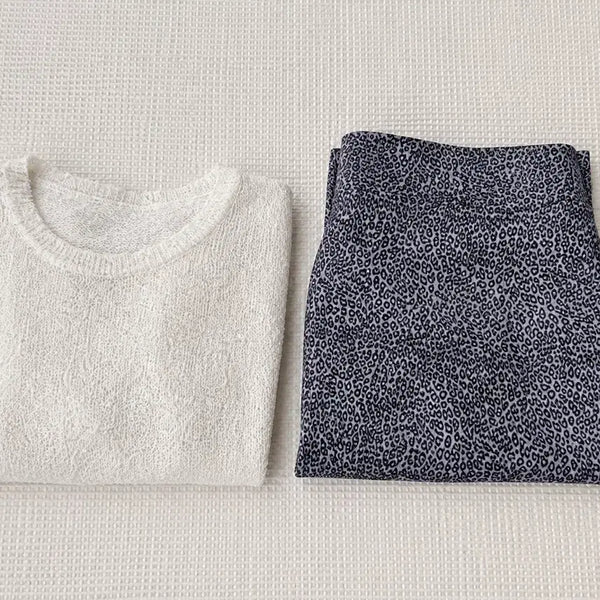 [BUNJANG] Half Sleeve Knit + Leopard Print Long Skirt Set / 반팔 니트 + 호피 롱스커트 SET