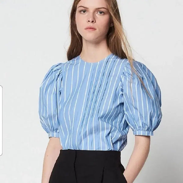 [BUNJANG] Sandro Striped Puff Sleeve Blouse / 산드로 스트라이프 퍼프 블라우스
