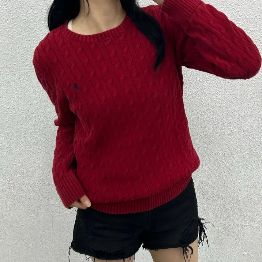 [BUNJANG] Polo Ralph Lauren Navy Pony Red Cable Knit Sweater XL / 폴로 랄프로렌 네이비포니 레드 꽈배기 니트 XL