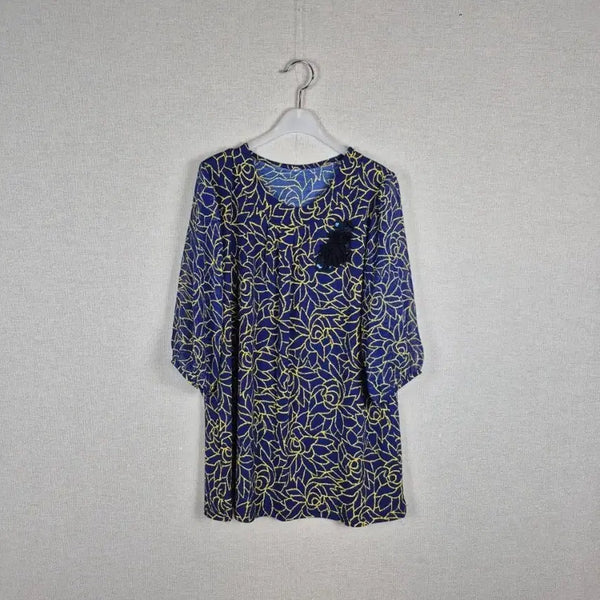 [BUNJANG] Blue Yellow Floral Corsage Blouse / (#55,66추천/XL)블루 옐로우 코사지 플라워 블라우스