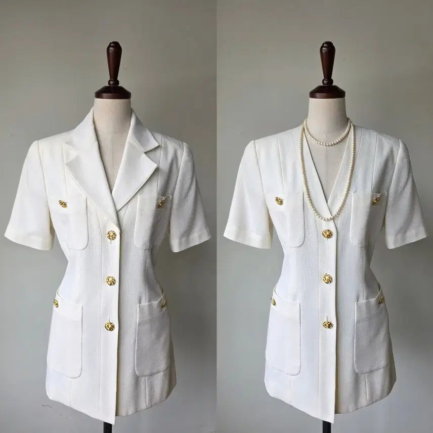 [BUNJANG] Two-Way Gold Button Short Sleeve Summer Wool Jacket / 투웨이 금장 단추 반팔 썸머울 자켓