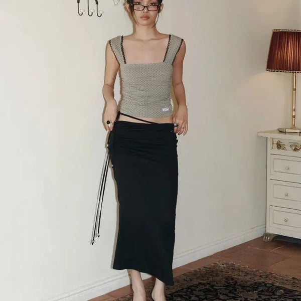 [BUNJANG] PLEASENOFOLOW Moss Eyelet Shirring Skirt Black / 플리즈노팔로우 모스 아일릿 셔링 스커트 블랙