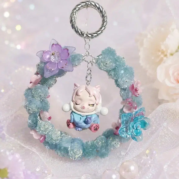 [BUNJANG] Handmade Cat Skull Floral Wreath Charm Keychain / 야옹이 스컬 피규어 꽃리스 키링(핸드메이드)