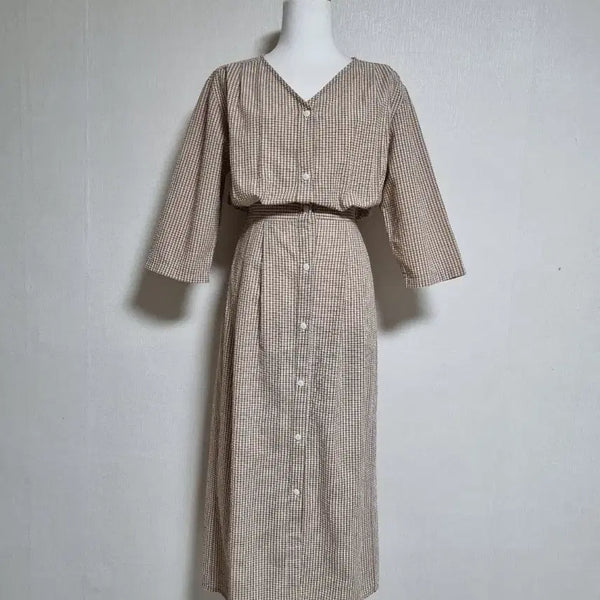 [BUNJANG] Beige Checkered V-Neck Shirt Dress / 체크무늬 셔츠 원피스