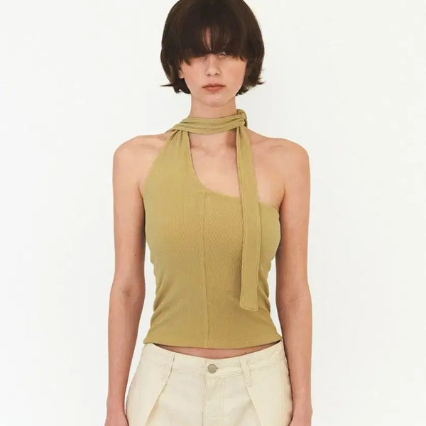 [BUNJANG] Diagonal Halter Neck Sleeveless Top Olive / Diagonal 다이애그널 Halter Neck Sleeveless