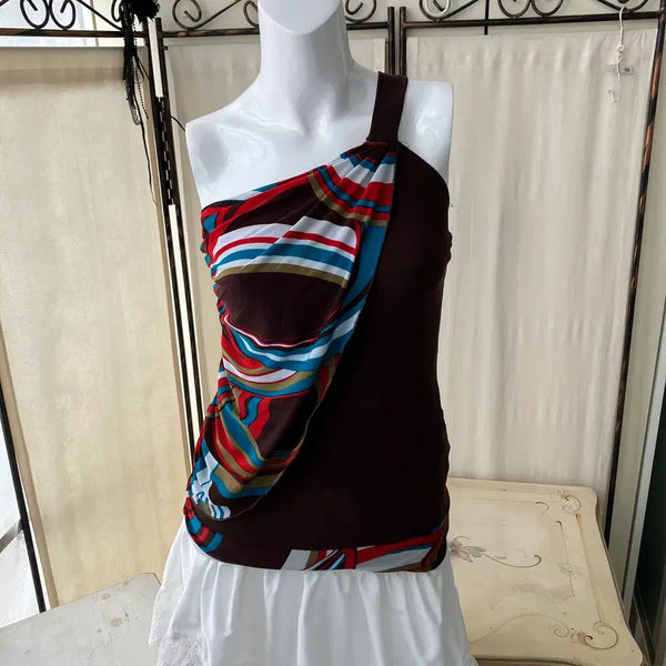 [BUNJANG] Oriental Brown One-Shoulder Sleeveless Top / 오리엔탈 브라운 원숄더 슬리브리스 1328 모리걸 일본빈티지