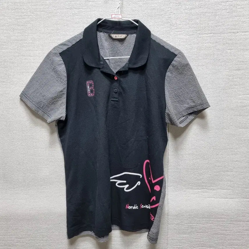 [BUNJANG] Checkered Sleeve Rabbit Print Short Sleeve Polo T-Shirt / 자144반팔 카라티셔츠