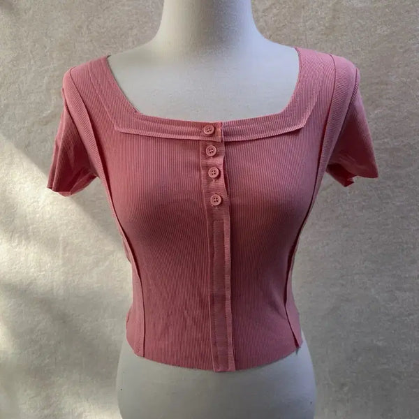[BUNJANG] Pink Square Neck Short Sleeve T-Shirt / 핑크색 스퀘어넥 반팔 티셔츠