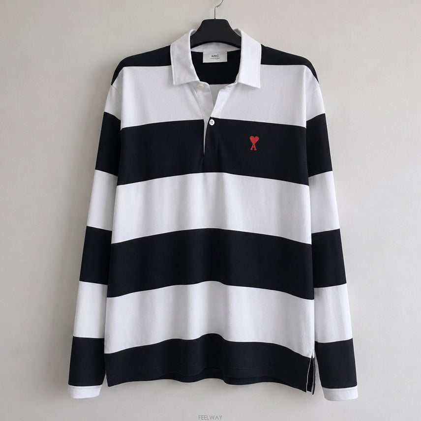 [BUNJANG] AMI Paris Long Sleeve Striped Polo Shirt Black / [ 중고O ] 아미 긴팔 카라티 스트라이프 블랙 A21HJ211