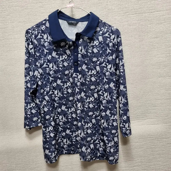 [BUNJANG] Long Sleeve Collar T-Shirt Navy Eiffel Tower Soccer Ball Pattern / 자150 긴팔 카라티셔츠