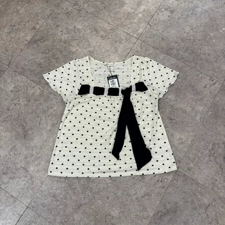 [BUNJANG] Women's Polka Dot Ribbon Short Sleeve Top / Axes femme 도트 리본 반팔 탑 #csz633