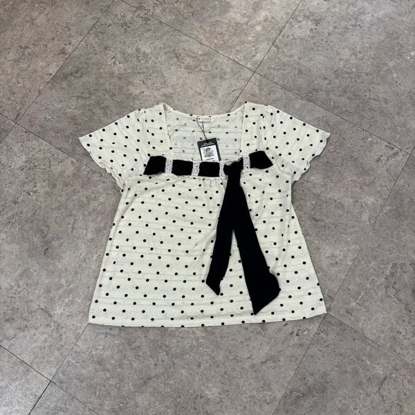 [BUNJANG] Women's Polka Dot Ribbon Short Sleeve Top / Axes femme 도트 리본 반팔 탑 #csz633