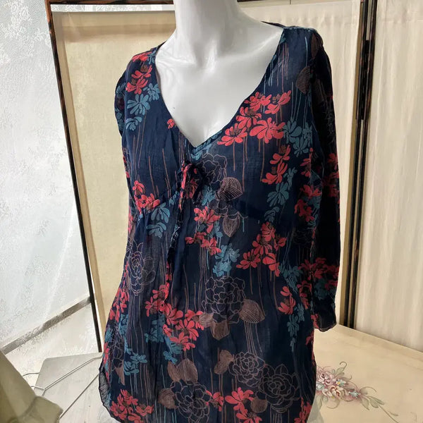 [BUNJANG] Navy Oriental Floral Pattern Blouse / 네이비 오리엔탈 플라워 패턴 블라우스 1327 모리걸 일본빈티지