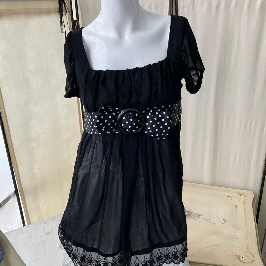 [BUNJANG] Black Dot Lace Blouse Dress / 블랙 도트 레이스 블라우스 원피스 1325 모리걸 일본빈티지