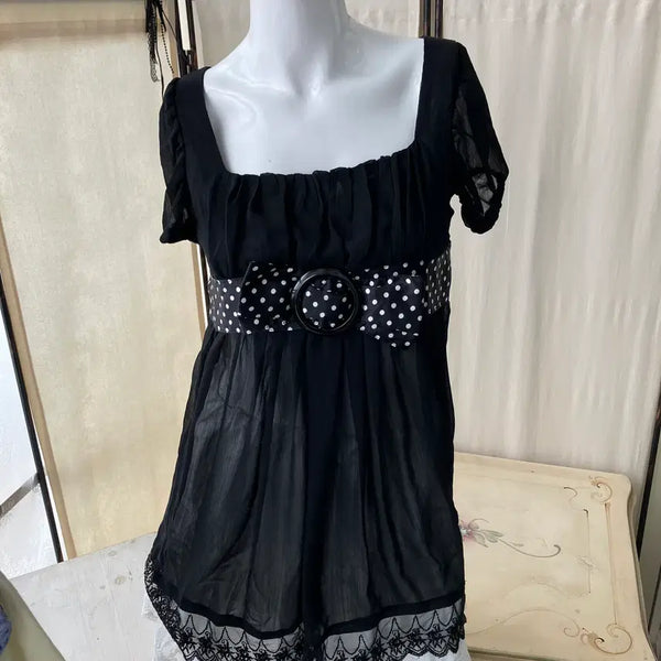 [BUNJANG] Black Dot Lace Blouse Dress / 블랙 도트 레이스 블라우스 원피스 1325 모리걸 일본빈티지