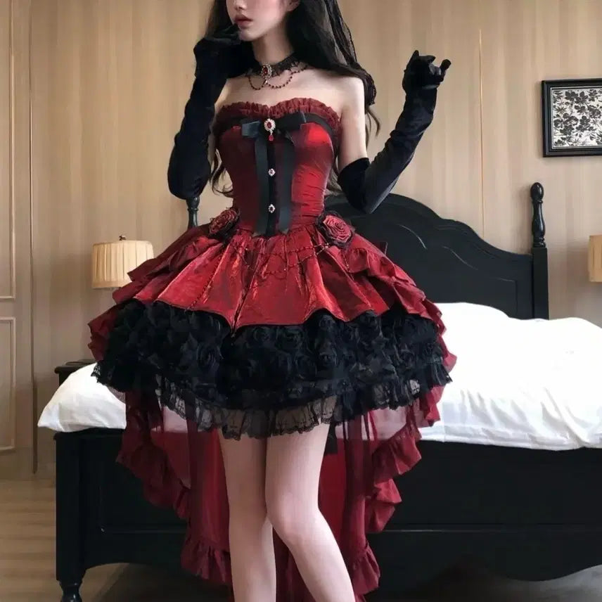 [BUNJANG] Lolita Gothic Wine Red Rose Train Dress / 로리타 고딕 와인 레드 장미 트레인 드레스