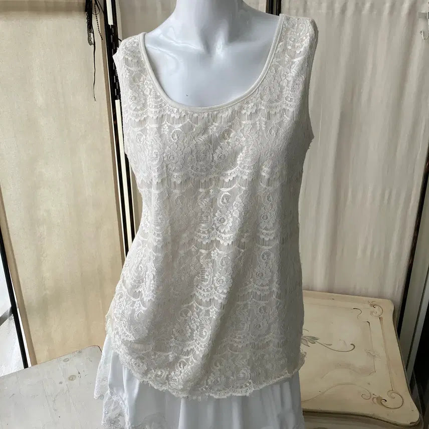 [BUNJANG] White Lace Crochet Sleeveless Top Mori Girl Japanese Vintage / 화이트 레이스 크로셰 슬리브리스 1323 모리걸 일본빈티지