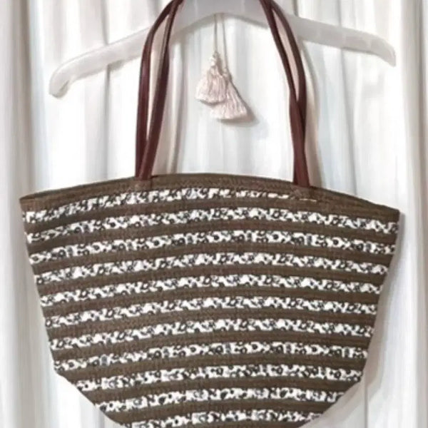[BUNJANG] Khaki Floral Stripe Rattan Tote Shoulder Bag / (새상품) 카키 플로럴 스트라이프 라탄 토트백 숄더백 가방