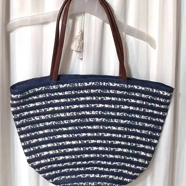 [BUNJANG] Navy Floral Stripe Rattan Tote Bag Shoulder Bag / (새상품) 네이비 플로럴 스트라이프 라탄 토트백 숄더백 가방
