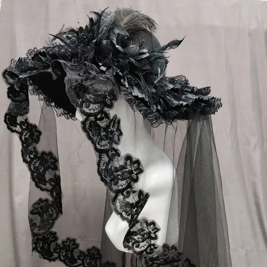 [BUNJANG] Handmade Gothic Feather Lace Hat / 로리타 고딕 수제 깃털 레이스 햇 모자