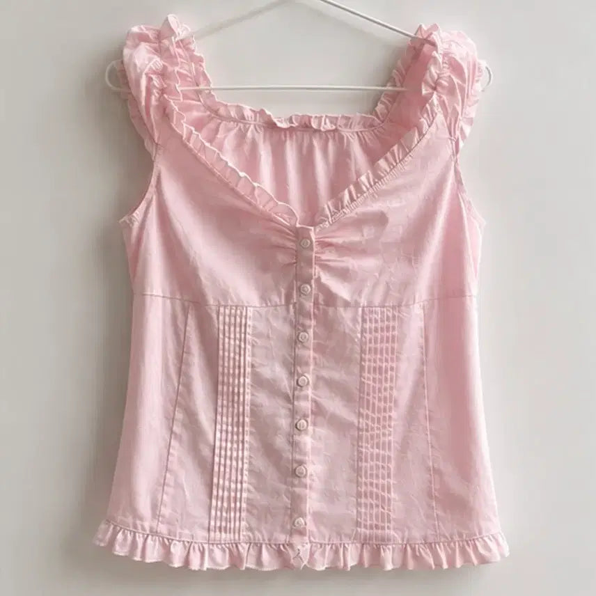 [BUNJANG] Brandy Melville Pink Summer Frill Blouse Shirt / 브랜디 멜빌 핑크 여름 여리 프릴 블라우스 셔츠