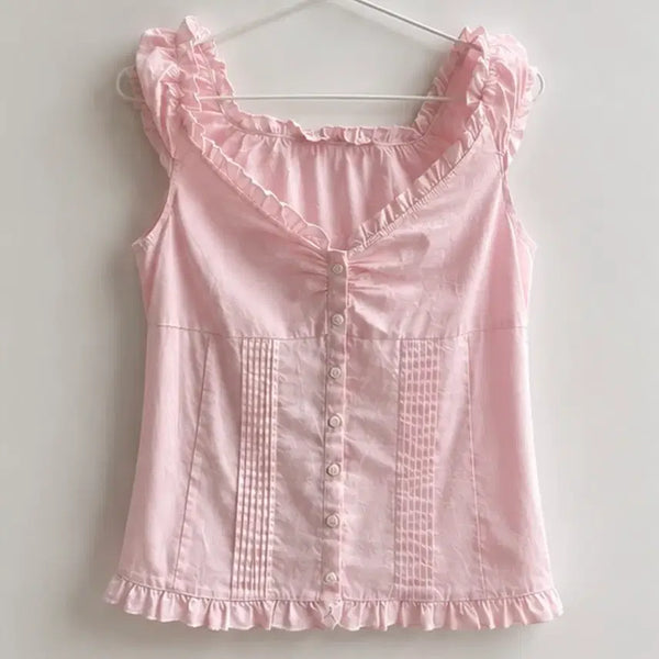 [BUNJANG] Brandy Melville Pink Summer Frill Blouse Shirt / 브랜디 멜빌 핑크 여름 여리 프릴 블라우스 셔츠