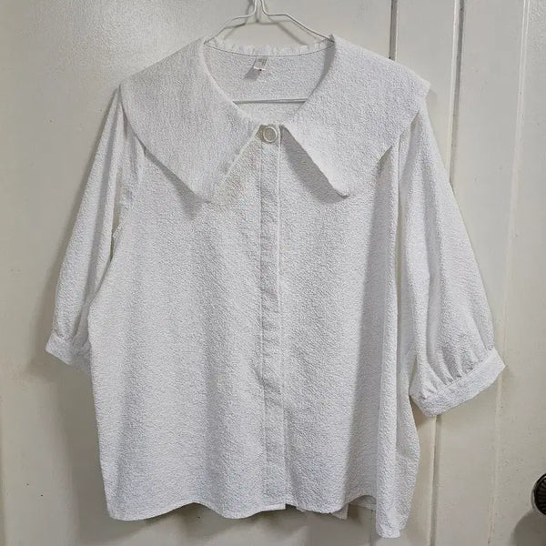 [BUNJANG] White Wide Collar Pleated Blouse (66-77 Size) / 미착용)와이드카라 뒷플리츠 블라우스66-77