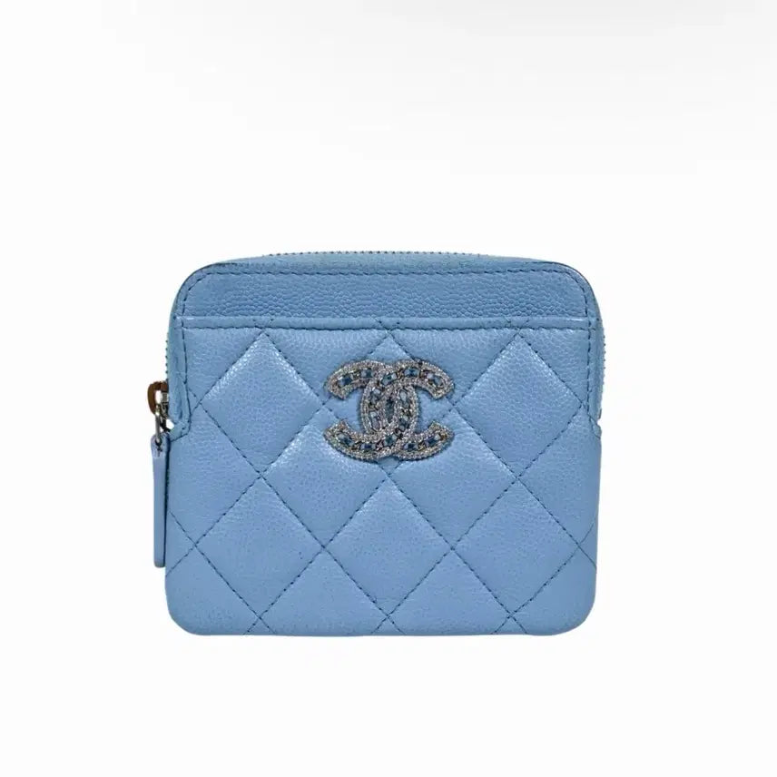 [BUNJANG] Chanel Caviar 19 Crystal CC Logo Zipper Coin Card Wallet Light Blue AP2741 / 샤넬 캐비어 19 크리스탈 CC로고 지퍼 코인 카드지갑 블루 AP2741