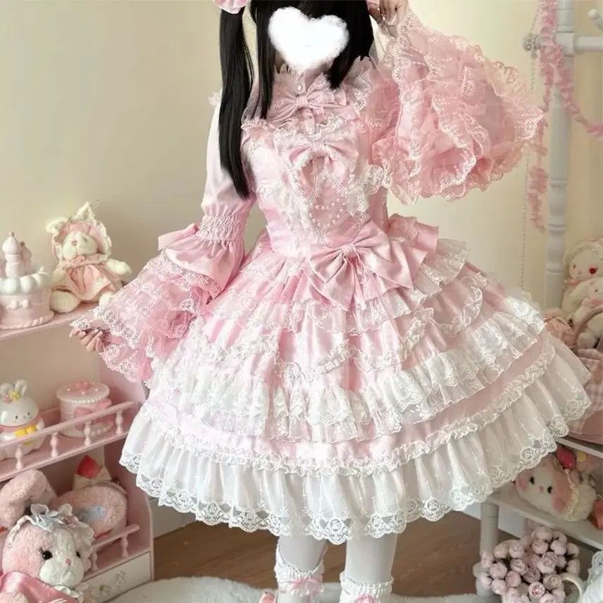 [BUNJANG] Lolita Lace Blouse + Jumper Skirt Set (2 Colors) / 레이스 로리타 블라우스+점퍼스커트 세트(2컬러)