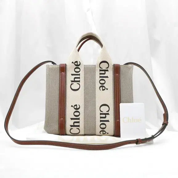 [BUNJANG] Chloe Woody Small 2WAY Ivory/Brown Shiny Calfskin Canvas Tote Bag / (끌로에)CHC21WS397E6691J 샤이니 카프스킨 WOODY 우디