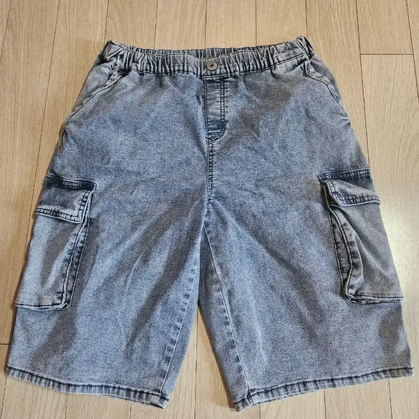 [BUNJANG] Unisex Light Wash Cargo Denim Shorts / 28~프리) 연청 카고 데님 밴딩 반바지 남여공용가능 (MP1)