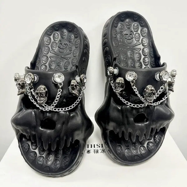 [BUNJANG] Goth Style Skull Chain Slip-on Shoes / 다크 펑크 해골 체인 장식 고스 스타일 슬리퍼