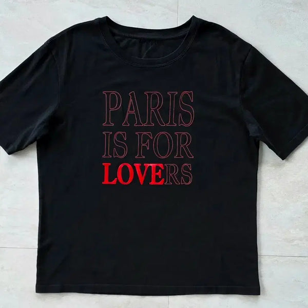 [BUNJANG] Sandro 'PARIS IS FOR LOVERS' Velvet Detail Cotton T-Shirt / [정품] 산드로'PARIS IS FOR LOVERS' 벨벳 포인트 반팔티