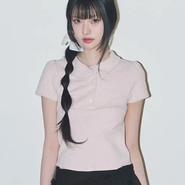 [BUNJANG] Illygo Dot Pintuck Collar T-Shirt Pink / 일리고 도트 핀턱 카라 티 핑크