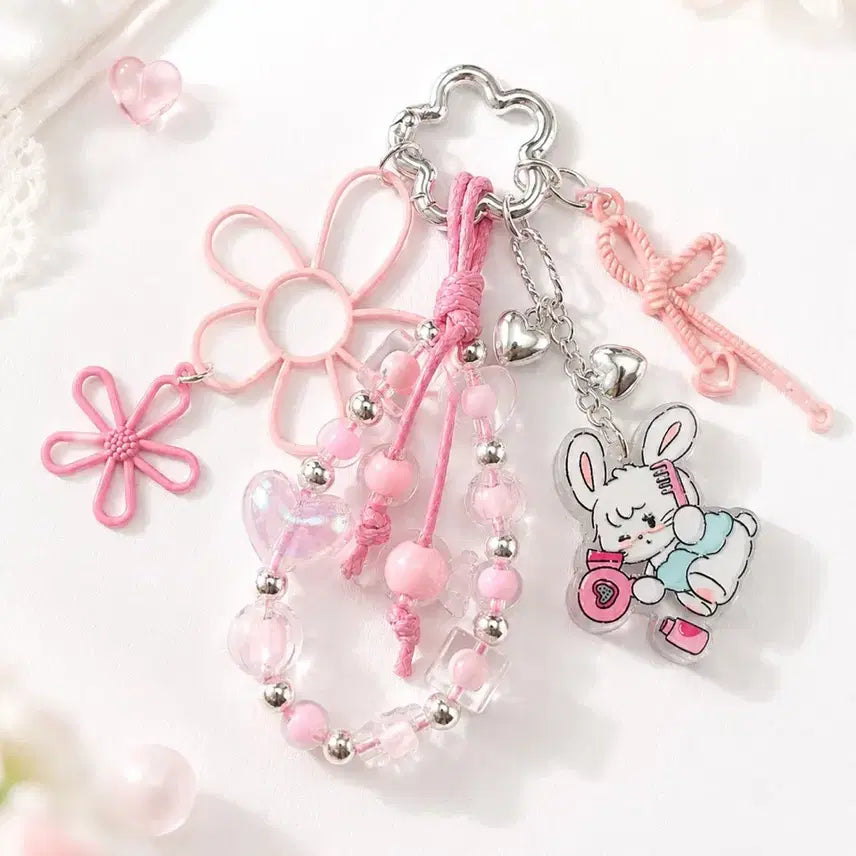 [BUNJANG] Pink Rabbit and Flower Charm Keyring / 핑크 좋아하는사람?