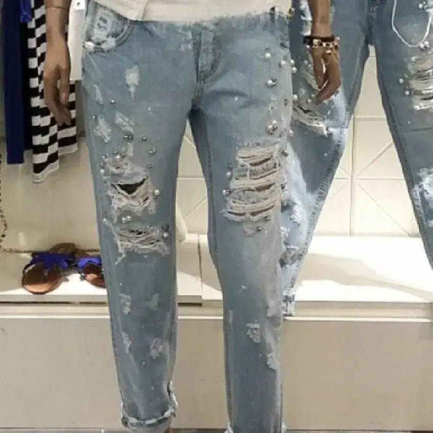 [BUNJANG] GGPX Pearl Embellished Distressed Denim Jeans / GGPX[새상품] 진주장식 디스트로이드데님