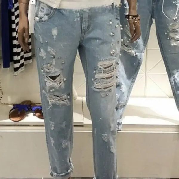 [BUNJANG] GGPX Pearl Embellished Distressed Denim Jeans / GGPX[새상품] 진주장식 디스트로이드데님