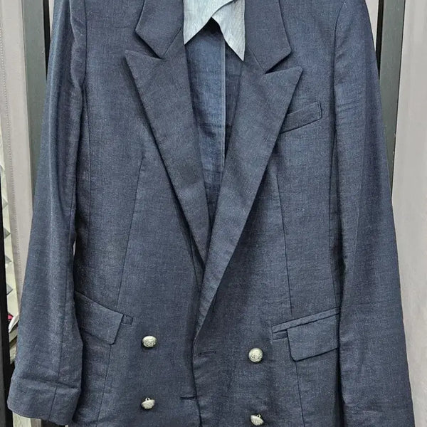 [BUNJANG] SJSJ Linen Blend Double Breasted Blazer Jacket Navy / 한섬 SJSJ 은장 린넨 더블 자켓 44 55