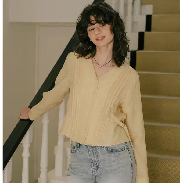 [BUNJANG] Pintuck Soft Tencel Blouse (Yellow, Free Size) / 프리버07 핀턱 소프트 텐셀 블라우스(yellow , free)