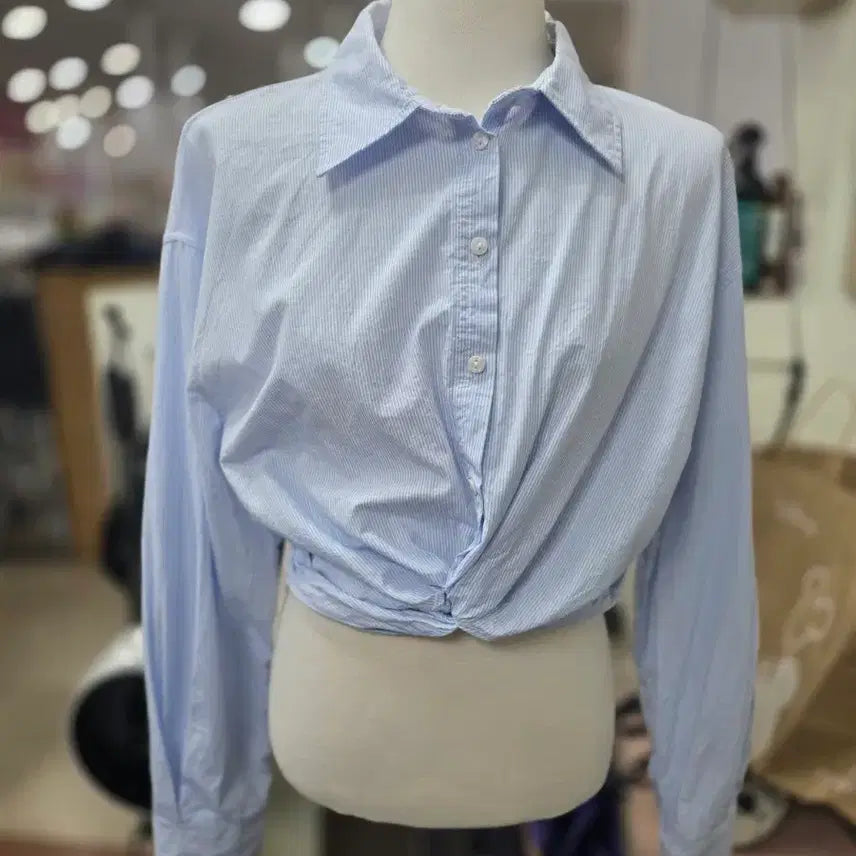 [BUNJANG] ZARA Striped Cropped Shirt Blue / 자라스트라이프 셔츠 크롭탑 블루