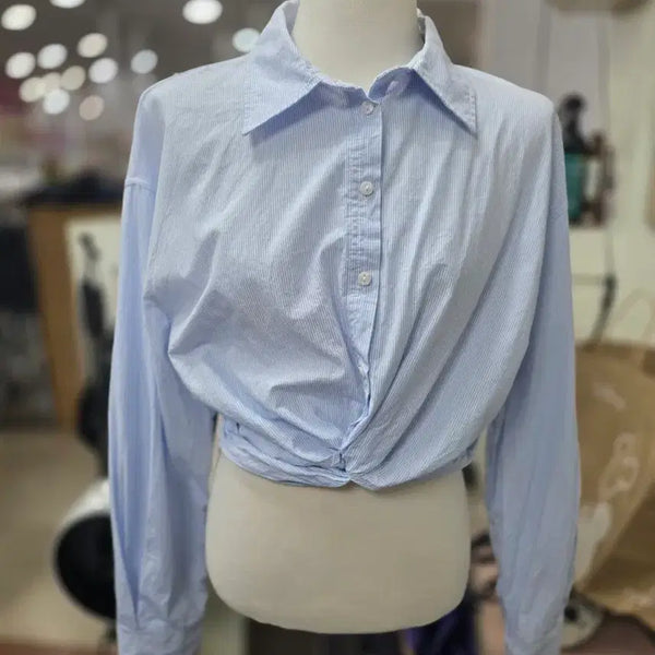 [BUNJANG] ZARA Striped Cropped Shirt Blue / 자라스트라이프 셔츠 크롭탑 블루